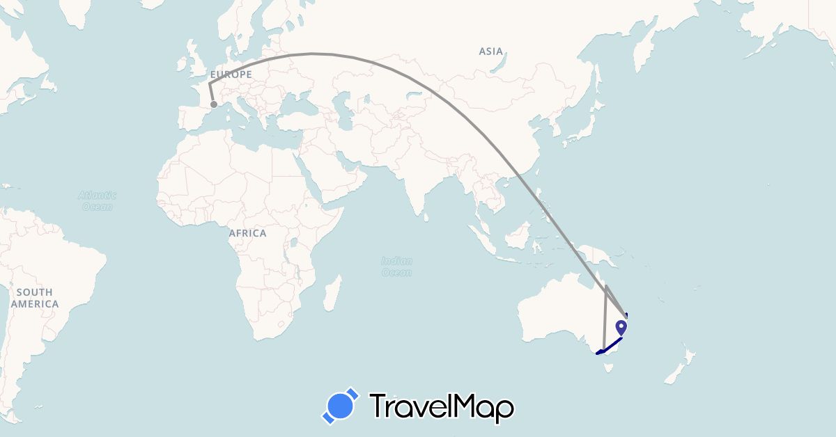 TravelMap itinerary: driving, plane in Australia, China, France (Asia, Europe, Oceania)